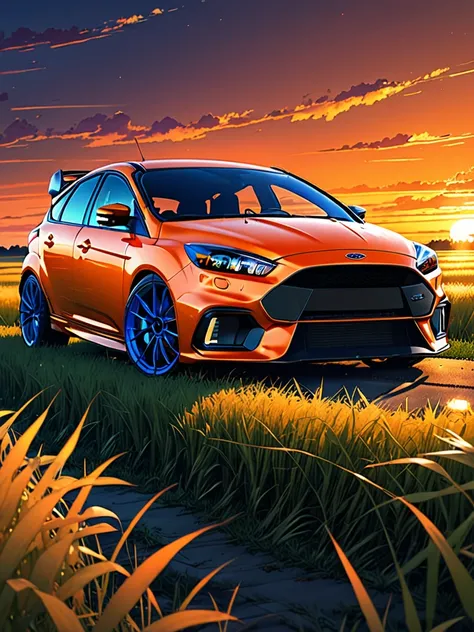 anime landscape of A pearl super laser orange metalic pearl color classic Ford Focus RS sport sits in a field of tall grass with a sunset in the background.beautiful anime scene, beautiful anime peace scene, Makoto Shinkai Cyril Rolando, beautiful anime sc...