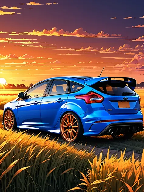 anime landscape of A pearl super laser orange metalic pearl color classic Ford Focus RS sport sits in a field of tall grass with a sunset in the background.beautiful anime scene, beautiful anime peace scene, Makoto Shinkai Cyril Rolando, beautiful anime sc...