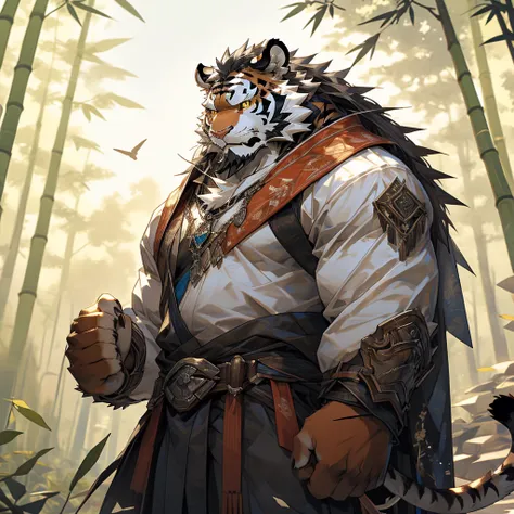 白色皮肤tiger),(黑白阴阳general战袍),holding a long sword,坚strong姿态,stand calmly,(the background is a dark forest，full of bamboo:1.2),abdo...