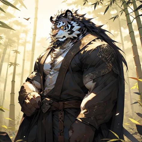 白色皮肤tiger),(黑白阴阳general战袍),holding a long sword,坚strong姿态,stand calmly,(the background is a dark forest，full of bamboo:1.2),abdo...