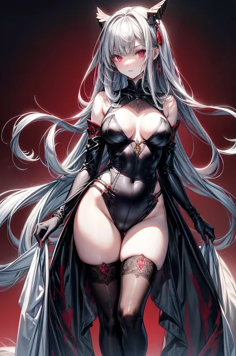 masterpiece, super detailed, precision art, beautiful young woman, 18 years old, flawless pale white skin, long straight silky black hair, beautiful blood red eyes, symmetrical face, sexy and beautiful but dangerous and deadly, staring into her eyes is as ...