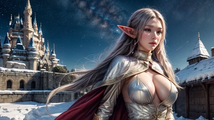 masterpiece, rest, best quality, Very detailed, Super real, 16K, high resolution, castle，snow, ((Starry Sky)),Female Elf Mage，Gorgeous armor，Complex Mode，Large Breasts，Pretty Face，Closed mouth，dramatic，Half-length photo，Glowing scepter