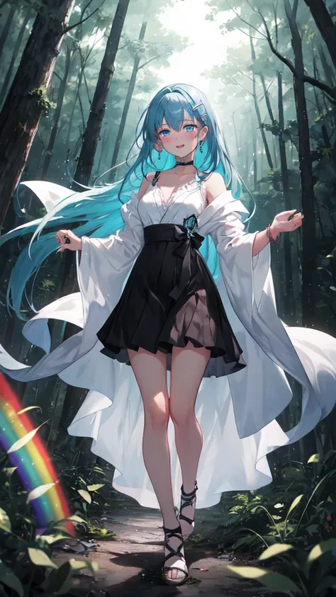 (8K, best quality, master piece: 1.2),super high resolution,1 girl, solo, full body ,ultra-detailed face, blush,  Rainbow hair, (long hair:1.3), thin hair clip, cyan colorshift eyes, expressive eyes, collarbone, Ecstatic expression, robe, bracelets ,She st...