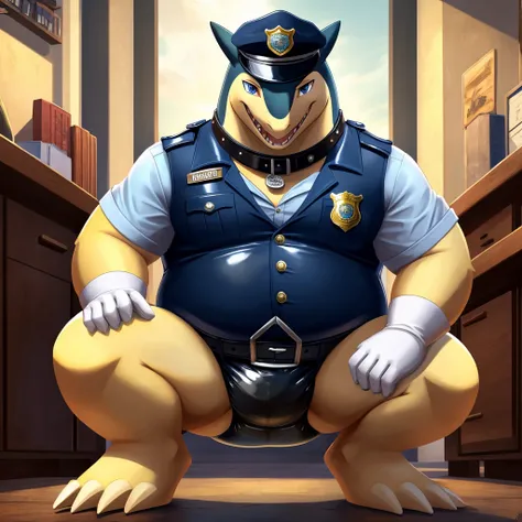 Solo, Male, fat, squatting, extremely obese, gentleman, dapper Typhlosion, pooping in diaper, blue eyes, (soft shading), 4k, hi res, ((detailed face, detailed)), looking at viewer, evil grin, police station, collared shirt with buttons, hat, male focus, Po...