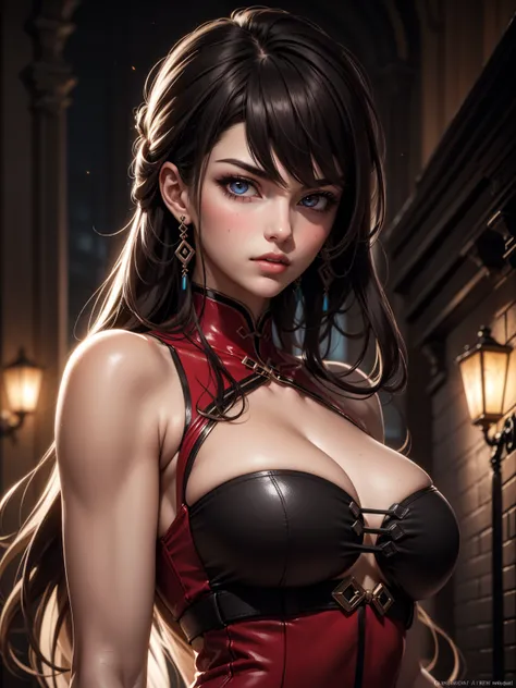 A beautiful girl with a slim body, huge breasts, blushing face, official art style, night scene, detailed face, long hair, detailed eyes, delicate lips, elegant dress, detailed anatomy, volumetric lighting, cinematic composition, dramatic contrast, vibrant...