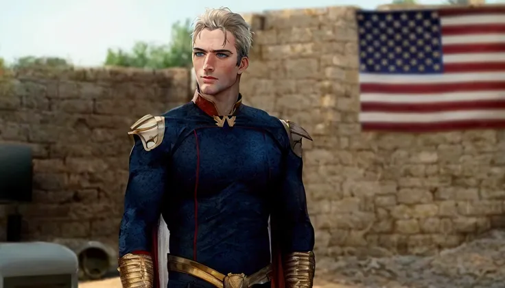 a close-up of a man in costume with a flag in the background, Home Lander from the boys, his cape is the american flag, boys tv show superhero, Home Lander, Justin Hartley como super-homem, Henry Cavill como Wolverine, Movies of 2022, Henry Cavill é um deu...