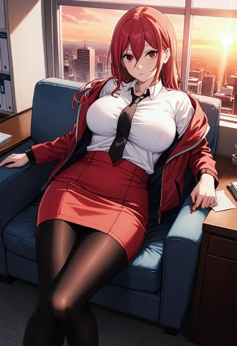 (solo, 1girl), Power from Chainsaw Man (Anime), large breasts, indoors, full body, looking at viewer, ((wearing red colored pencil skirt, wearing black pantyhose, wearing red colored buttoned up office jacket with white undershirt, wearing red high heels))...