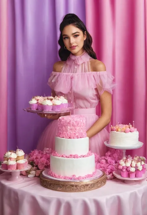 There is a woman standing in front of a cake on a table, Medium pink, bella poarch, 16 years old, 18 years, 20 years, 20 years, clear portrait of Medium pink, 21 years, Violet Myers, 🐎🍑, portrait of Medium pink, Happy Birthday, a beautiful woman dressed in...