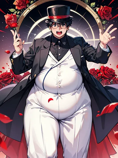 One very fat &quot;Tuxedo Mask&quot; with a big belly in his suit, a black hat and a thick white frame holds a red rose in his teeth