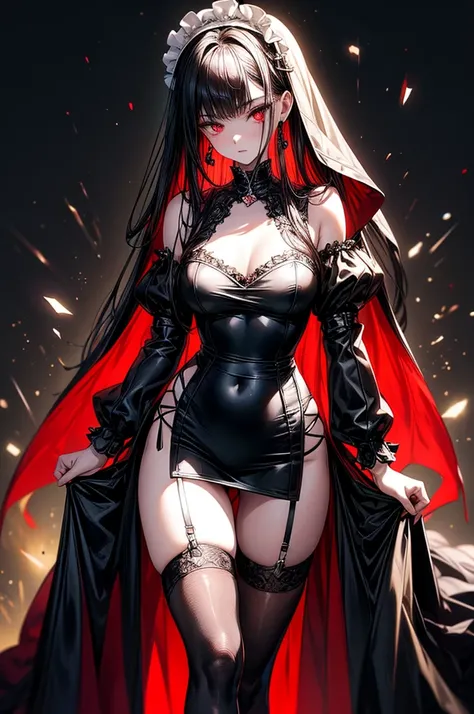 masterpiece, super detailed, precision art, beautiful young woman, 18 years old, waist length straight silky black hair,  flawless pale white skin, beautiful blood red eyes, symmetrical face, sexy and beautiful but dangerous and deadly, staring into her ey...