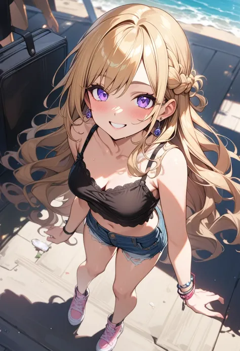 masterpiece, best quality, extremely detailed, ultra detailed, flat anime, 2D,
1girl, (young adult:1.2),blonde hair, (semi-long hair:1.2), curly hair, french braid,medium breasts, tsurime, purple eyes,earring,bracelet,height 1.7meters, 
smile, pink sneaker...