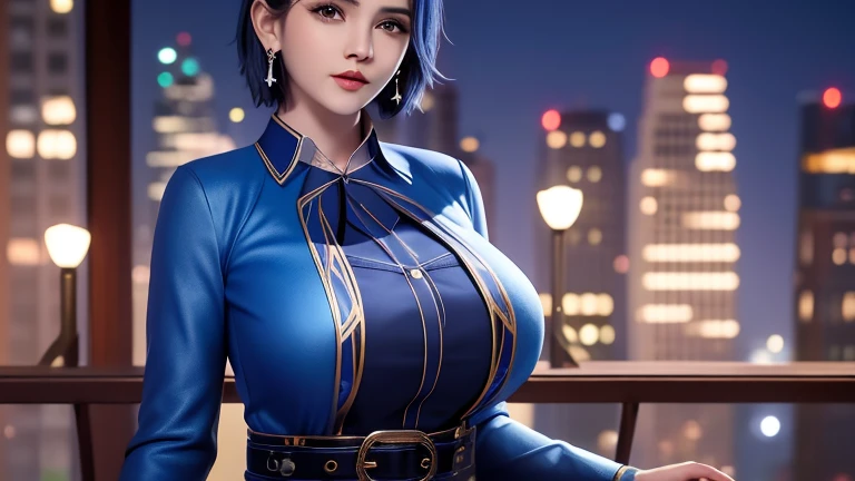 1 girl, adult, city view, night, show viewer, short hair, belt,blue shirt,jewelry, earrings, , long sleeve, collar,pants, well-m...