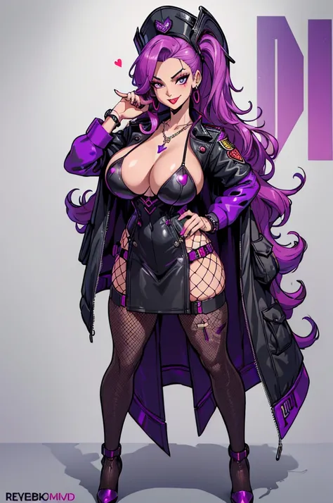 (masterpiece, best quality, high resolution, ((huge breasts)) 1 girl, very long wavy lilac hair, red lips, purple cyberpunk style full body military clothing, fishnet pantyhose, heels, necklace, bracelets, earrings, cyberpunk style military cap, evil smile...