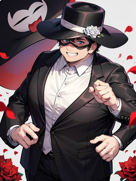 One very fat &quot;Tuxedo Mask&quot; with a big belly in his suit, a black hat and a white mask and holding a red rose in his teeth