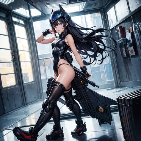 SF anime style universe space　Starry Sky　Inside the spaceship　indoor　Gunshot wounds　Broken wall　spaceship interior metal wall
Girl with a gun in a leotard, straight hair, high-leg leotard, 
rifle gun ((metal helmet)) ((metal shoes))
 beautiful eyes, beauti...