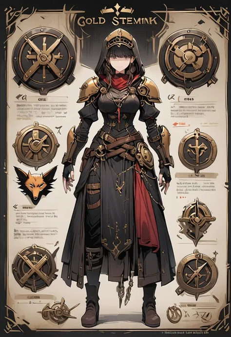 Framed Presentation of a gold steampunk, woman character design sheet, with detailed accessories, shoes, medieval equipament, swords, full body, perfect, ((masterpiece)), mechanical fox pet, shild, big shild