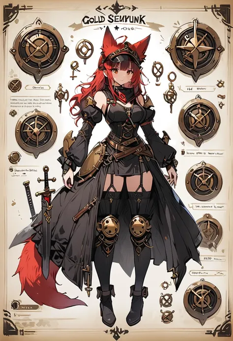 Framed Presentation of a gold steampunk, woman character design sheet, with detailed accessories, shoes, medieval equipament, swords, full body, perfect, ((masterpiece)), mechanical fox pet, shild, big shild