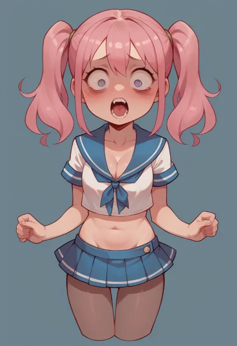 pantyhose,loli,sailor,microskirt,cute,wariza,pink hair,blush,crop top,see throul,twintails,cleavage,crazy eyes,