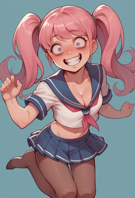 pantyhose,loli,sailor,microskirt,cute,wariza,pink hair,blush,crop top,see throul,twintails,cleavage,crazy eyes,