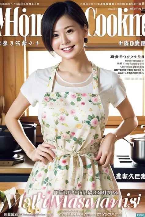 (highest quality, masterpiece), cover of a cooking magazine for women, one girl, 30 years old, amazing, cute, heartwarming smile...