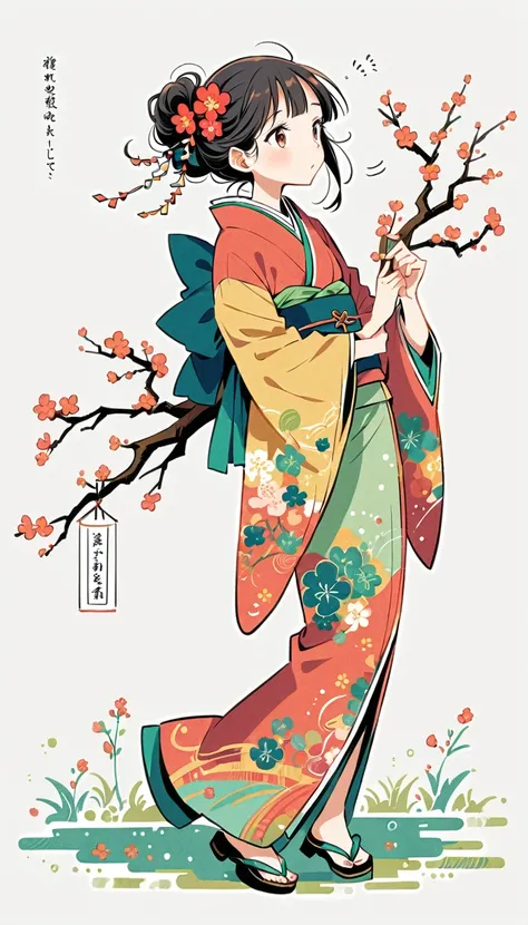 white background, Fujichoco style, kimono, (((The Most Beautiful Girl))),  gray hair, ((plum tree, Plum blossoms)), simple background, Simple line initialism, full body, 