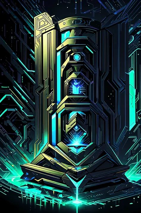    there is a green and blue machine with a light on, Blockchain Vault, giant crypto vault, Mining, Detailed scene, crypto valut, nano, crypto, núcleo cryptográfico,  green and gold round coin letter T in the center entering and exiting the wave machine, n...