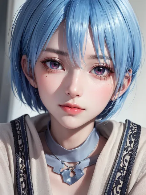 Masterpiece, Best Quality, 8K, Detailed Skin Texture, Detailed Cloth Texture, Beautiful Detail Face, Intricate Detail, Ultra Detailed, Portrait of Rei Ayanami, Blue Hair, Red Eyes, Head Tilt, No Background