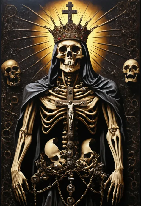 Dark colors, Intricate Details, Studio Lights, Alberto Durero Style Art Painting, Mystical Ambient, Mechanical, Assymetric, Mystical Ambient, (the result rendered must be made it from parts of the dead bodies and skulls, skeletons, bones, worldly scum, hor...