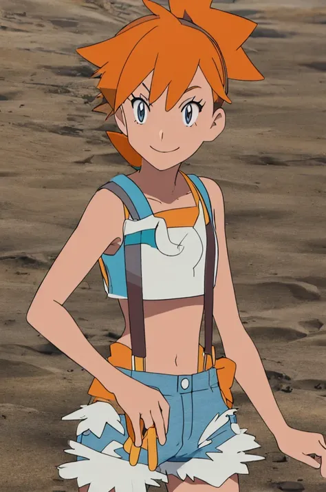 ((masterpiece,best quality)), absurdres, Misty_Pokemon, yellow crop top, suspenders, side ponytail, orange hair, denim shorts, solo, smiling, looking at viewer, cowboy shot, , tropical beach,