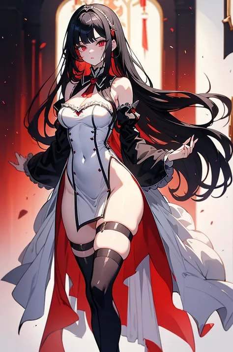 masterpiece, super detailed, precision art, beautiful young woman, 18 years old, waist length straight silky black hair,  flawless pale white skin, beautiful blood red eyes, symmetrical face, sexy and beautiful but dangerous and deadly, staring into her ey...