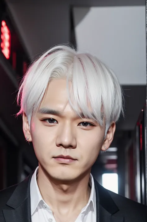 Suga from BTS with white hair and red eyes