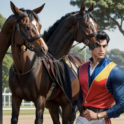 Create a muscular, attractive, black hair with somewhat tan skin, racing silks outfit with bright and colorful colors inspired by polo men. Black horse in the background
