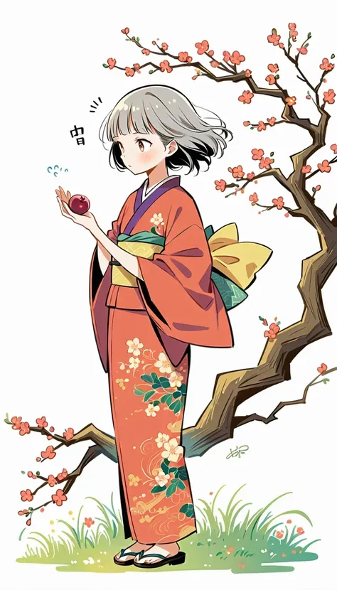 white background, Fujichoco style, kimono, (((The Most Beautiful Girl))),  gray hair, ((plum tree, Plum blossoms)), simple background, Simple line initialism, full body, 