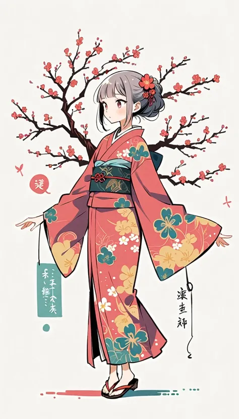 white background, Fujichoco style, kimono, (((The Most Beautiful Girl))),  gray hair, ((plum tree, Plum blossoms)), simple background, Simple line initialism, full body, 