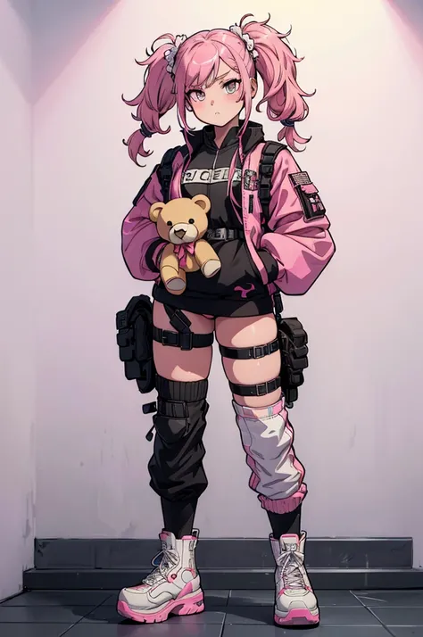 (masterpiece, best quality, high resolution, 1 , pink hair tied in 2 wavy pigtails, white cyberpunk style military clothes, white military boots, holding a teddy bear in her hands, expressionless (white background, stickers. Redmond), ((full body standing)...