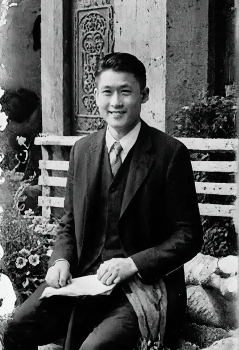 一张 60 年代的老式颗粒状low quality写实黑白照片, a handsome young james smiling, sitting on a bench, 60&#39;s quality,1960s grainy, low quality,...