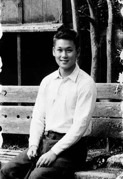 一张 60 年代的老式颗粒状low quality写实黑白照片, a handsome young james smiling, sitting on a bench, 60&#39;s quality,1960s grainy, low quality,...