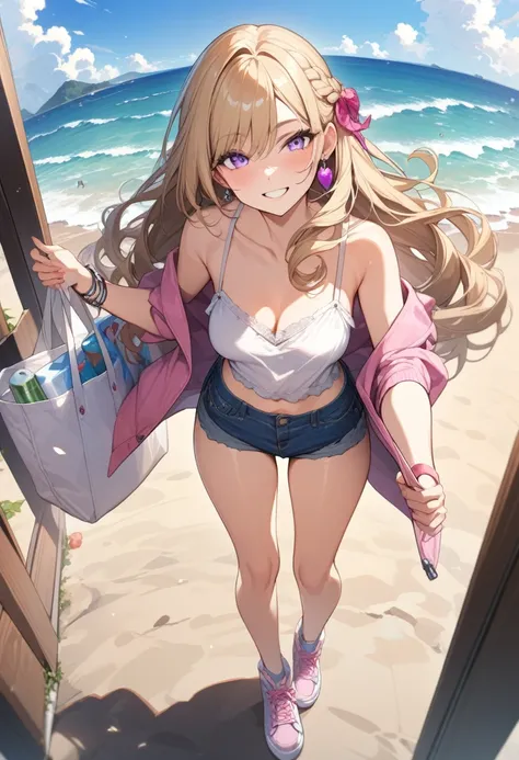 masterpiece, best quality, extremely detailed, ultra detailed, flat anime, 2D,
1girl, (young adult:1.2),blonde hair, (semi-long hair:1.2), curly hair, french braid,medium breasts, tsurime, purple eyes,earring,bracelet,height 1.7meters, 
smile, pink sneaker...