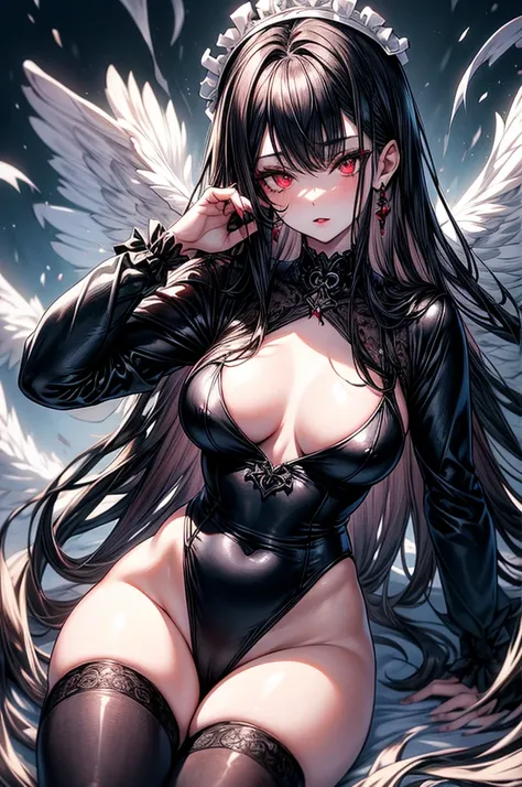 masterpiece, super detailed, precision art, beautiful young woman, 18 years old, waist length straight silky black hair,  flawless pale white skin, beautiful blood red eyes, symmetrical face, sexy and beautiful but dangerous and deadly, staring into her ey...