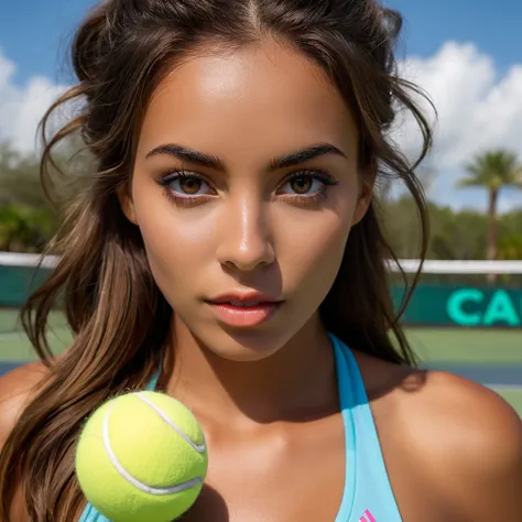 a colombian woman with brown hair, yeux noirs, en tenue de sport debout à côté d'un terrain de tennis, groupe, high quality, bel...