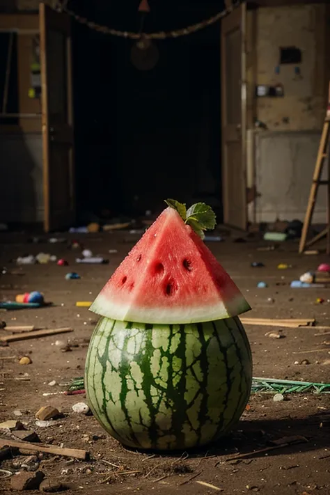 one single watermelon with a mystical aura around, wearing a wizard hat inside an abandoned circus