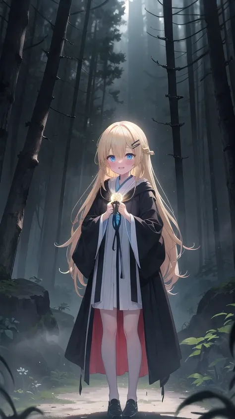 (8K, best quality, master piece: 1.3),super high resolution,1 girl, solo, full body ,ultra-detailed face, blush,  blonde hair, (long hair:1.3), thin hair clip, cyan colorshift eyes, expressive eyes, Ecstatic expression, Dark Mystical Robe, She stands in an...