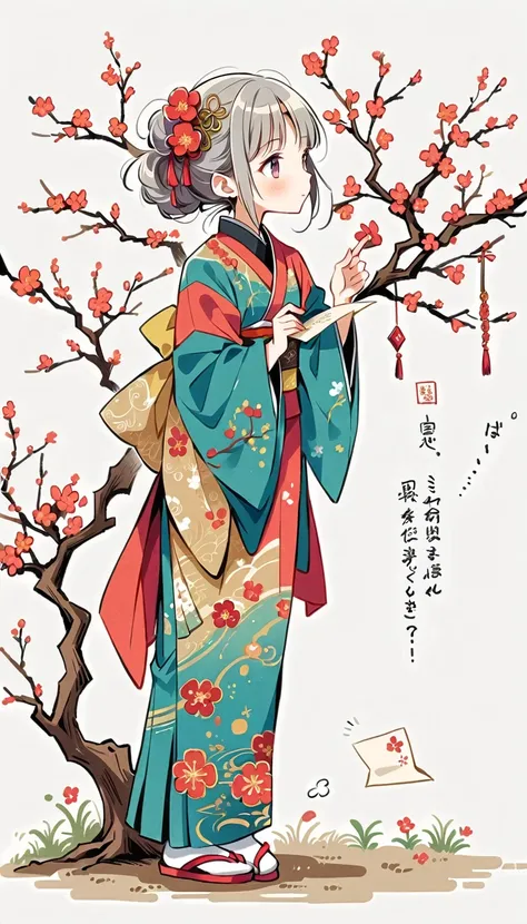 white background, Fujichoco style, kimono, (((The Most Beautiful Girl))),  gray hair, ((plum tree, Plum blossoms, wish paper)), simple background, Simple line initialism, full body, 