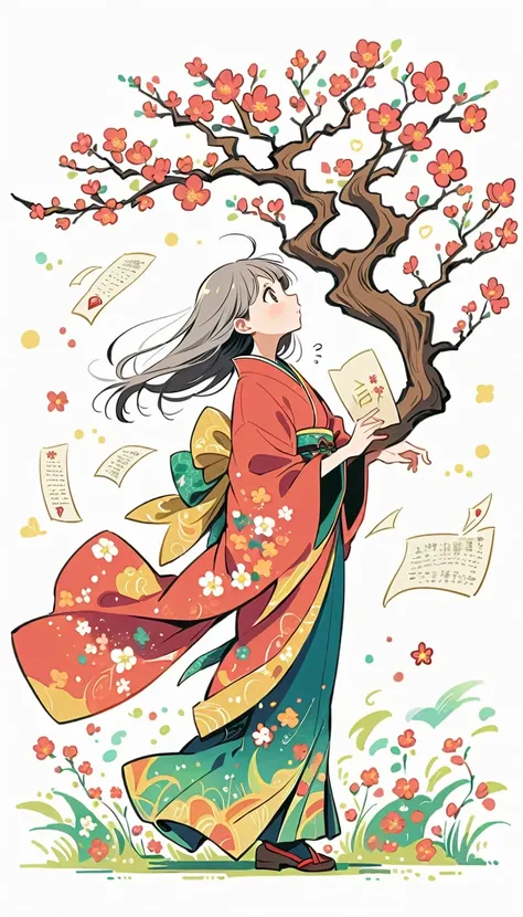 white background, Fujichoco style, kimono, (((The Most Beautiful Girl))),  gray hair, ((plum tree, Plum blossoms, wish paper)), simple background, Simple line initialism, full body, 