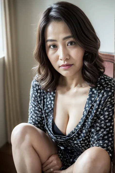 ((Best Quality, 8k, Masterpiece, Portrait: 1.3)), (looking at viewer),Photorealistic, Sharp Focus, Solo, Japan Milf, Beauty, Clothes with Cleavage View, 30 Years Old, Wavy Hair, Wrinkles at the Corners of the Eyes, ((Open your legs wide:1.5, Sit one knee u...