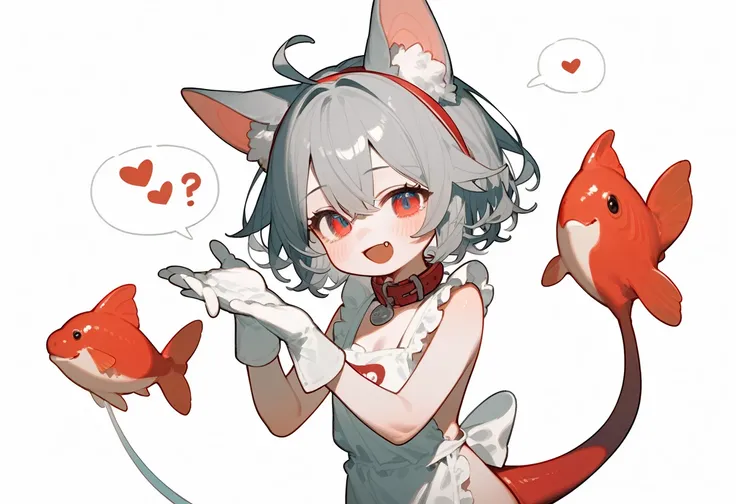 a cartoon girl dressed in outfit holding onto fish with text bubbles describing her reaction to the fish, 1girl, animal ears, solo, open mouth, collar, erune, smile, fang, grey hair, looking at viewer, naked apron, blush, apron, gloves, white background, f...