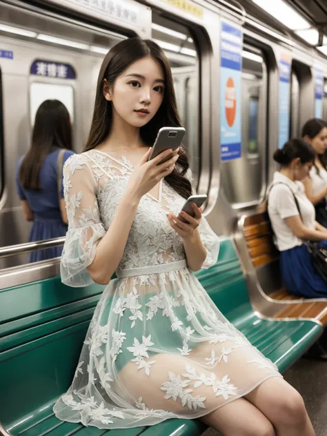 Woman holding mobile phone on subway bench、See-through dress