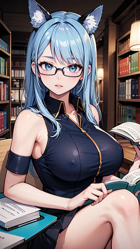 Create an anime-style illustration of a 17-year-old girl named Shizuka. She has long, straight, blue hair with bangs cut straight across her forehead. She has large, almond-shaped silver-blue eyes and porcelain-like white skin. Shizuka often wears glasses....