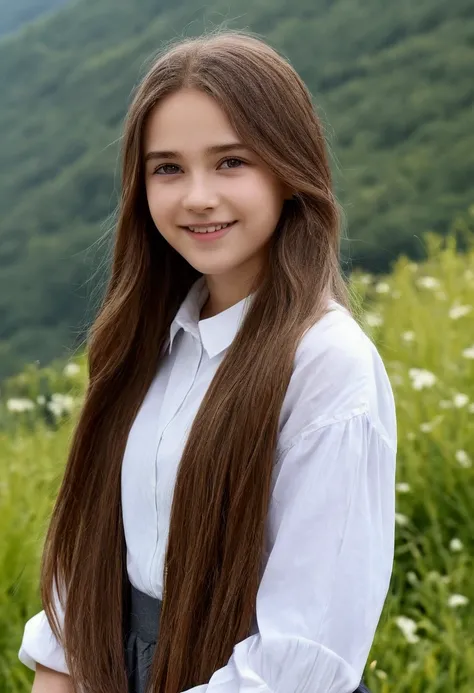 ((best quality))) (((HD))) (((8K))) (White) 16 year old girl, ((adventure))  ((beautiful)) and ((Happy)), ((Brown hair)) and ((Long hair)).