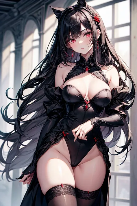 masterpiece, super detailed, precision art, beautiful young woman, 18 years old, waist length straight silky black hair, flawless pale white skin, beautiful blood red eyes, symmetrical face, sexy and beautiful but dangerous and deadly, staring into her eye...